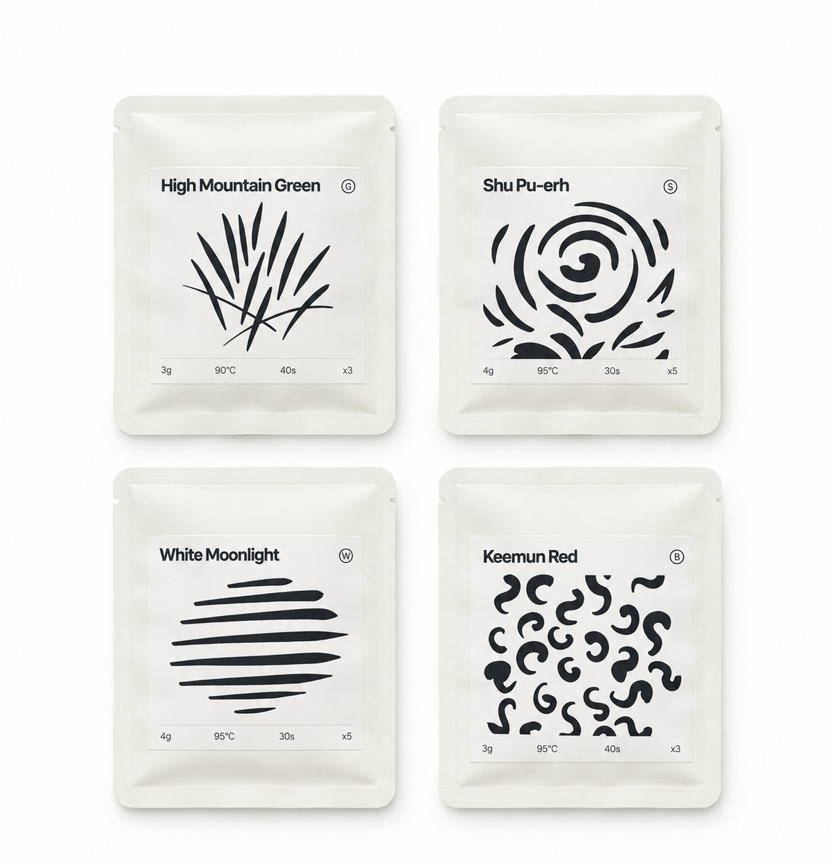 Four white tea bag pouches arranged in a 2x2 grid on a white background, labeled High Mountain Green, Shu Pu-erh, White Moonlight, and Keemun Red, each with a black abstract line illustration and brewing instructions.